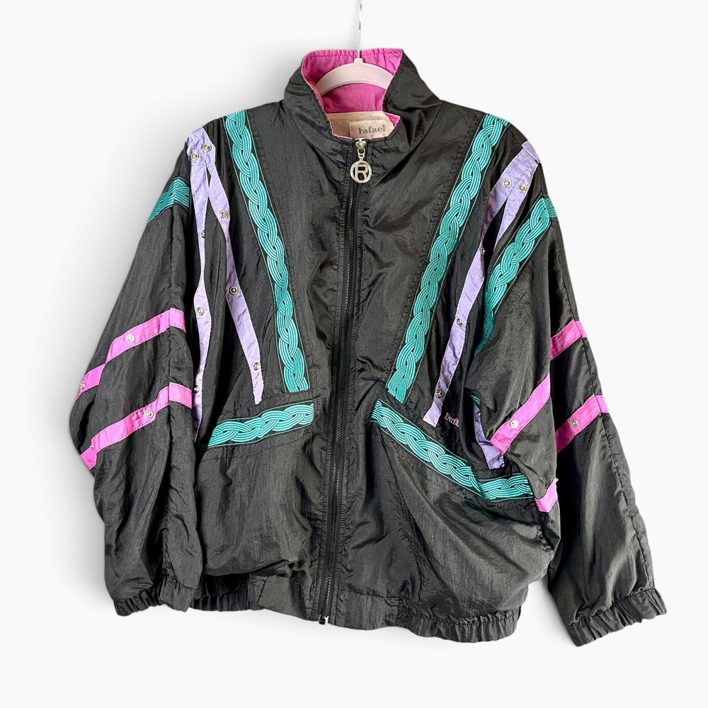 Rafael Vintage 80s Colorblock Windbreaker Jacket Black Pink Teal Large